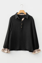 Black Contrast Leopard Print Patchwork Polo Collar Buttons Front Ruffled Long Sleeve Blouse