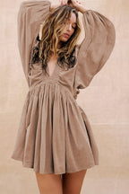 Smoke Gray Deep V Neck Bubble Sleeve Smocked Mini Dress