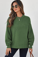 Vineyard Green Solid Color Mixed Textured Knitted Crew Neck Sweater