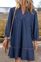 Sail Blue V Neck Collared Single Chest Pocket Long Sleeve Denim Dress
