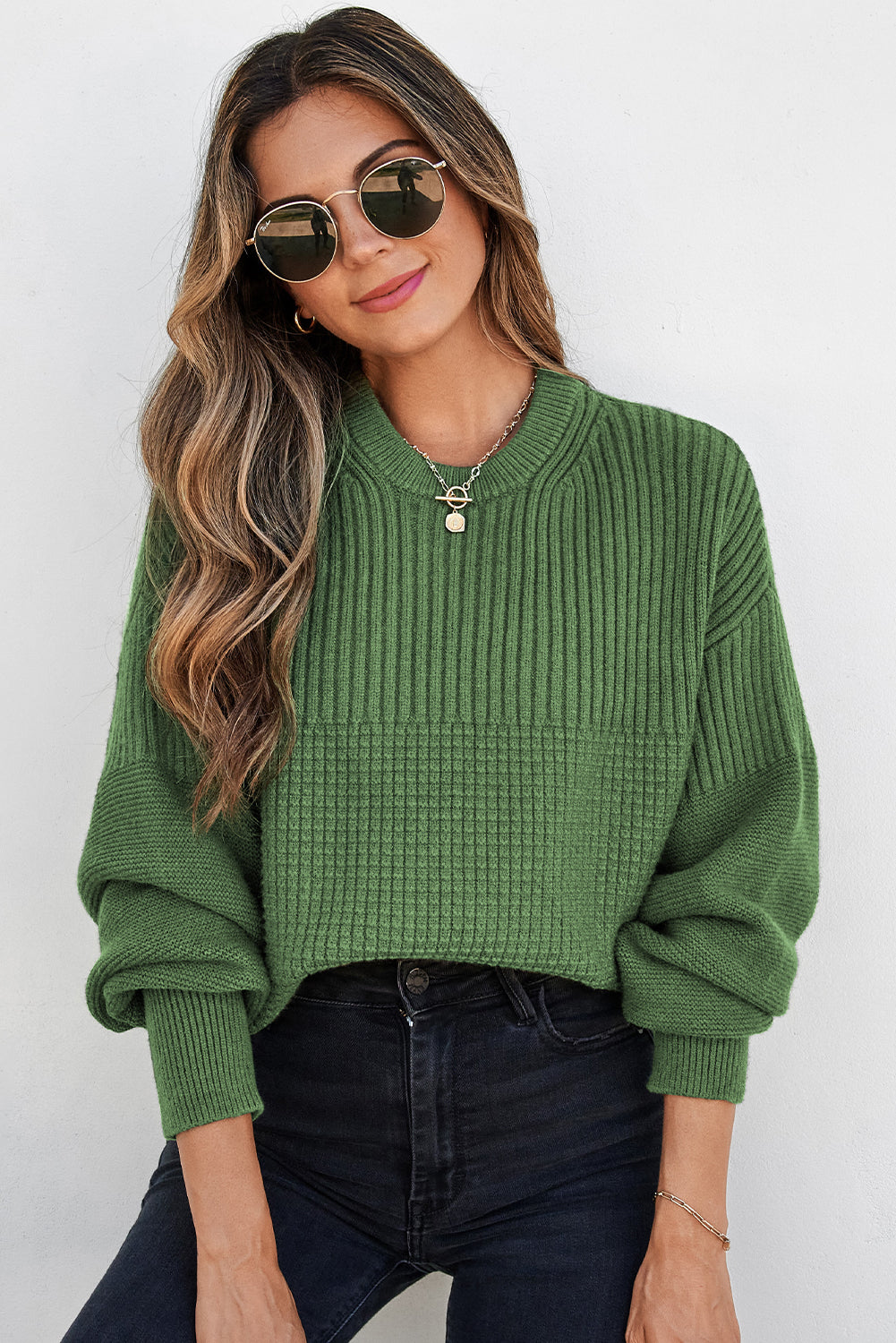 Vineyard Green Solid Color Mixed Textured Knitted Crew Neck Sweater