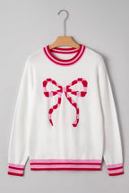 White Striped Trim Bow Graphic Round Neck Drop Shoulder Sweater