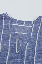 Blue Striped Print V Neck Half Buttons Loose Blouse