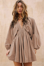 Smoke Gray Deep V Neck Bubble Sleeve Smocked Mini Dress