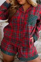 Red Plus Size Plaid Contrast Patchwork Long Sleeve Shirt and Shorts 2pcs Pajama Set