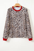 Brown Leopard Print Contrast Trim Round Neck Long Sleeve Top