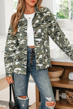 Green Camo Chest Pockets Loose Jean Jacket