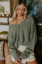 Four Leaf Clover Mineral Wash V Neck Knit Exposed Seam Drop Shoulder Loose Sweater