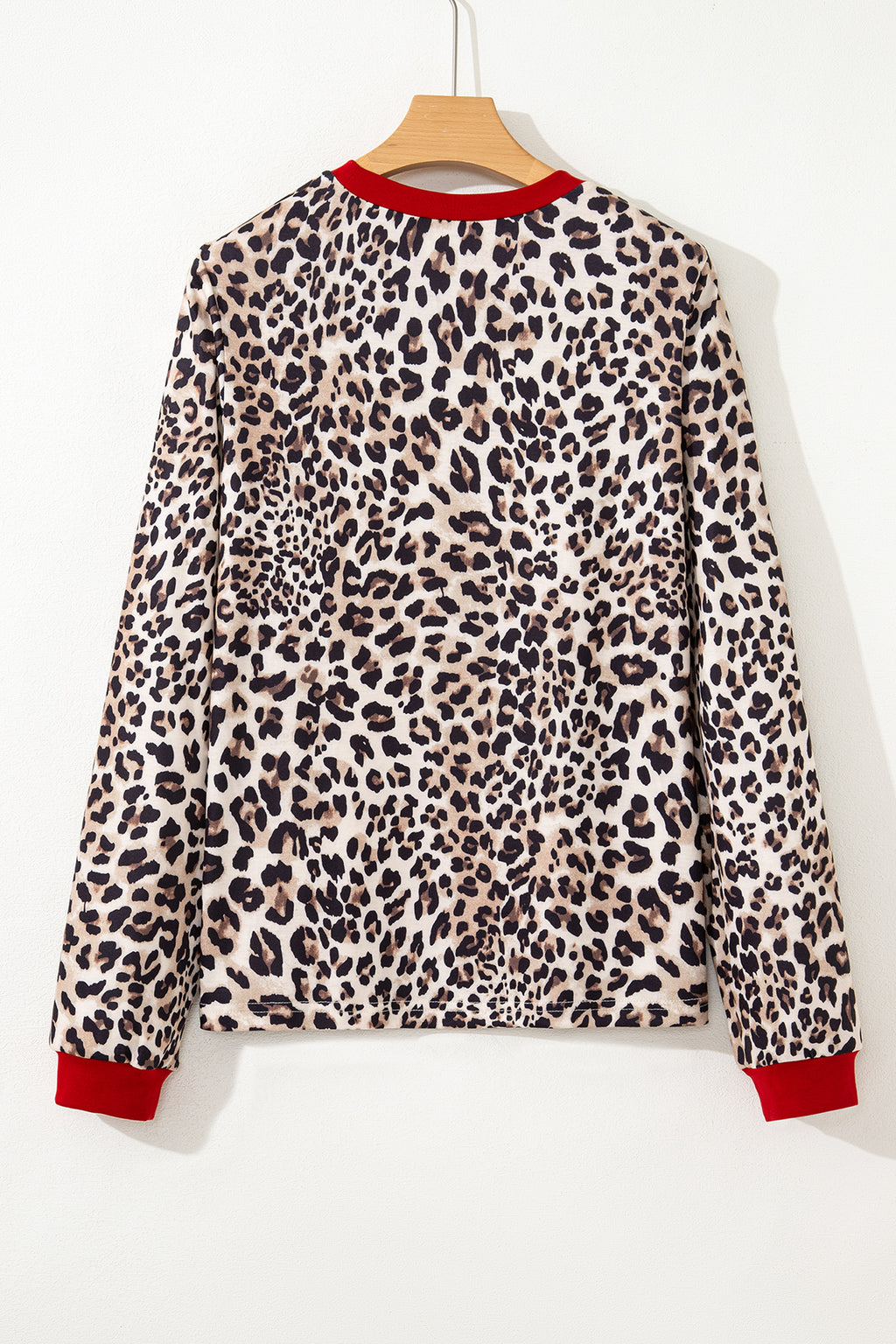 Brown Leopard Print Contrast Trim Round Neck Long Sleeve Top