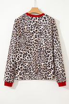 Brown Leopard Print Contrast Trim Round Neck Long Sleeve Top