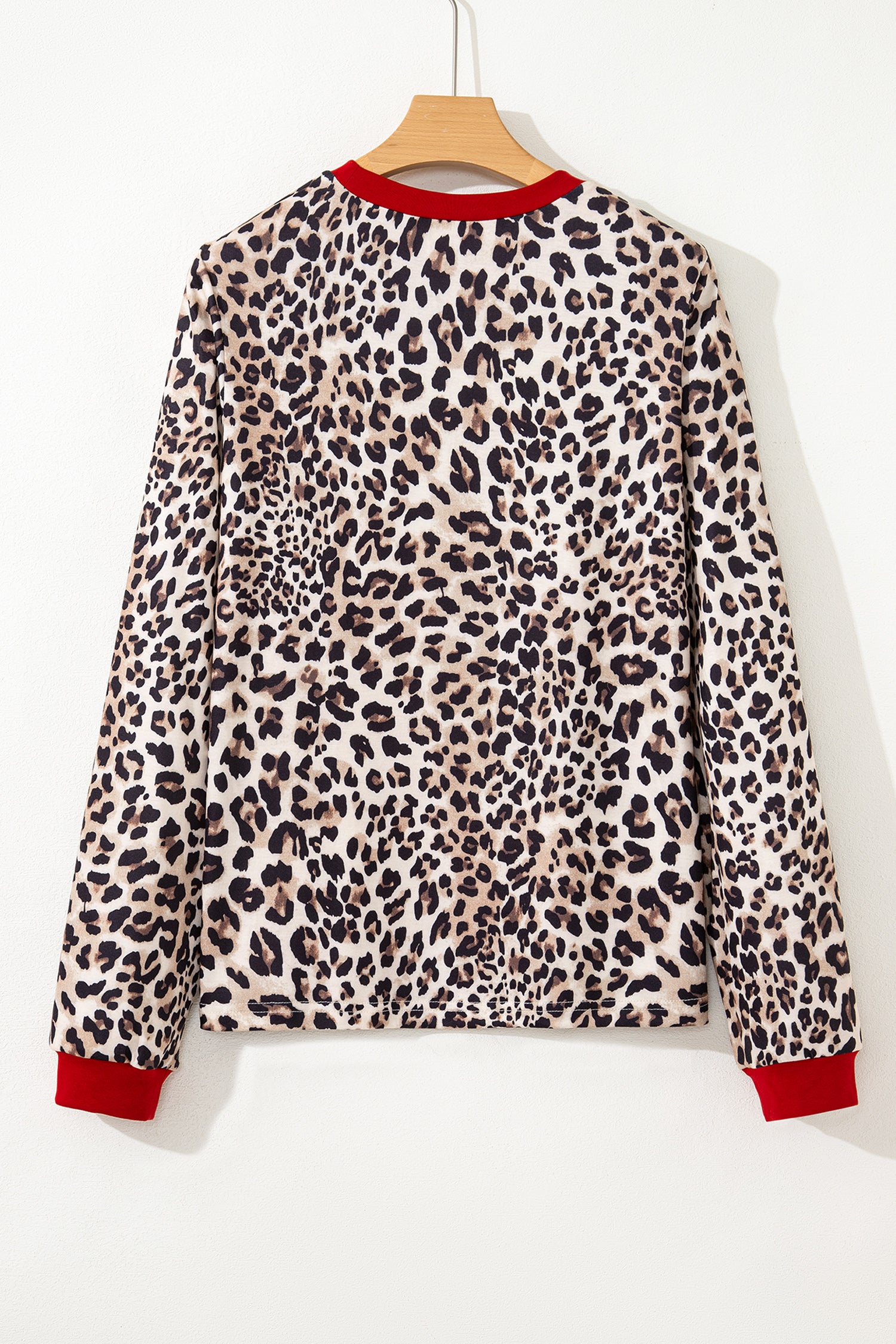 Brown Leopard Print Contrast Trim Round Neck Long Sleeve Top