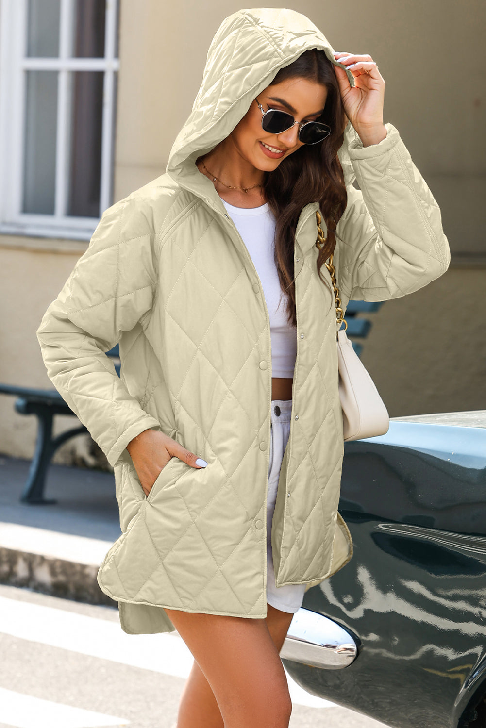 Khaki Quilted Snap Button Hooded Puffer Coat