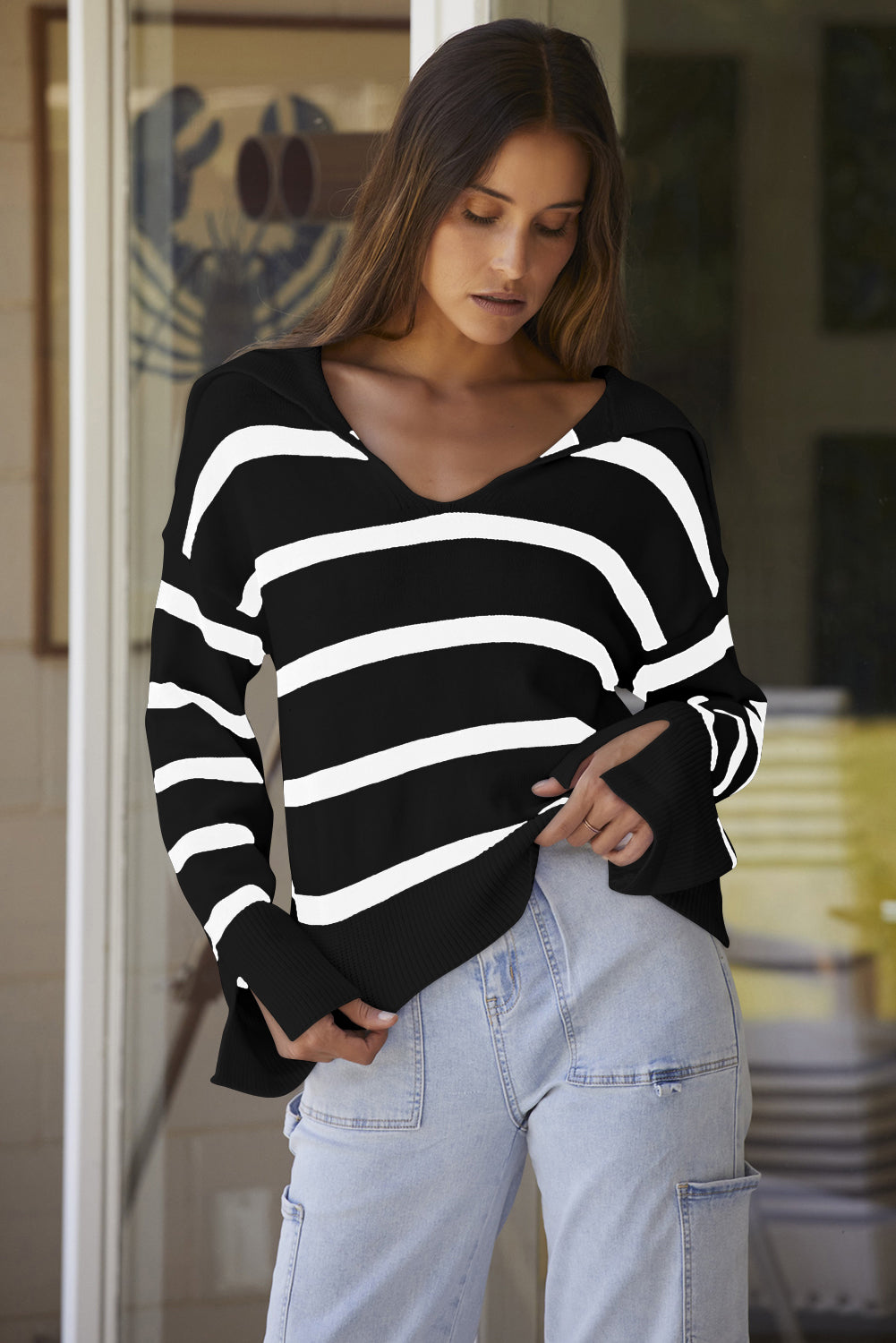 Black Caped V Neck Slit Sleeve Striped/Solid Sweater