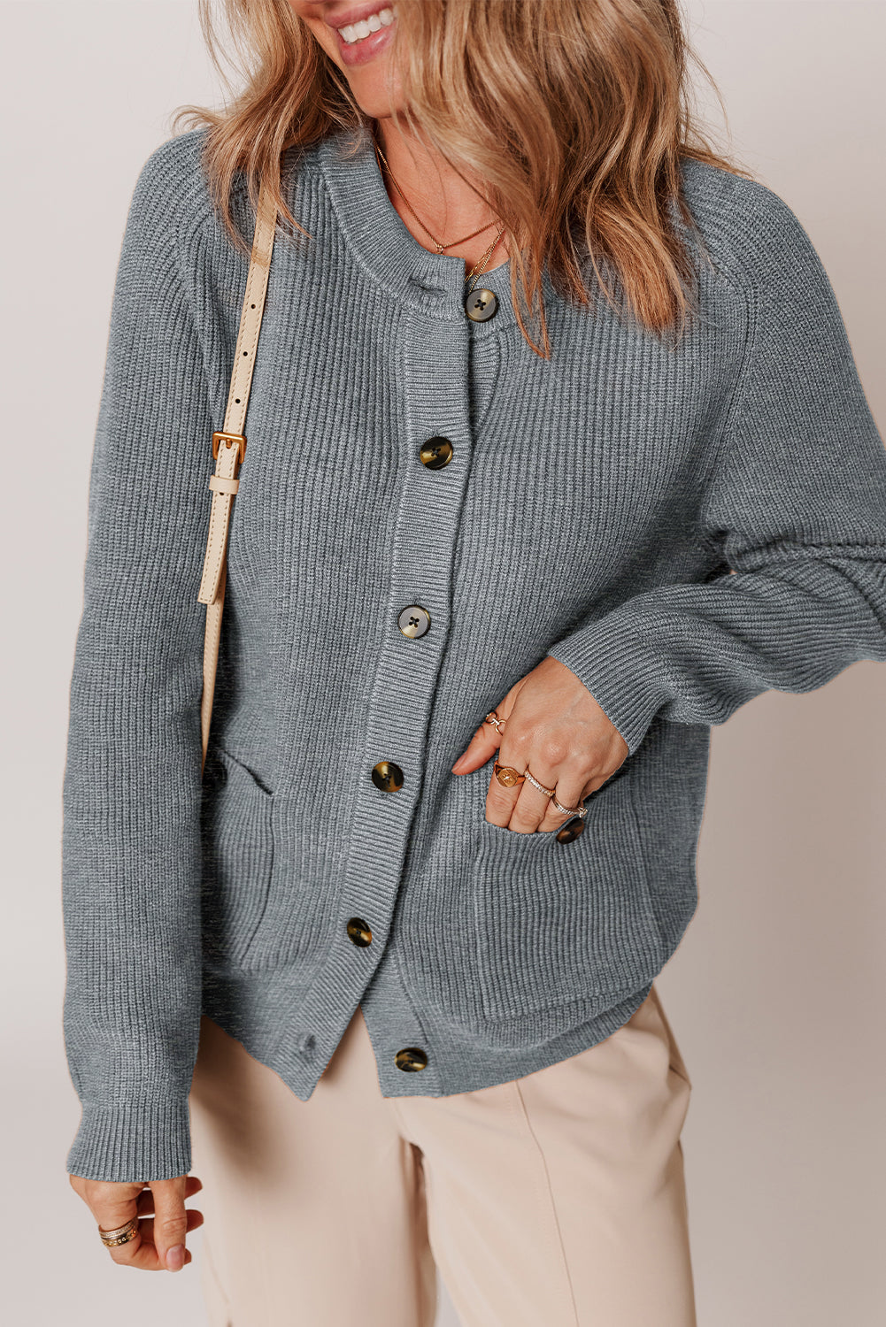 Medium Grey Chunky Buttoned Front Round Neck Cardigan Sweater