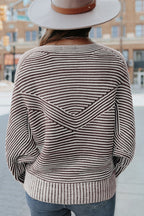 Medium Grey Striped Print Ribbed Knit Boat Neck Baggy Sweater