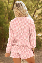 Pink Checkerboard Long Sleeve Pullover and Shorts Set