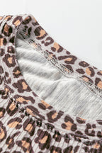 Khaki Leopard Ribbed Long Sleeve Top Drawstring Shorts 2pcs Outfit