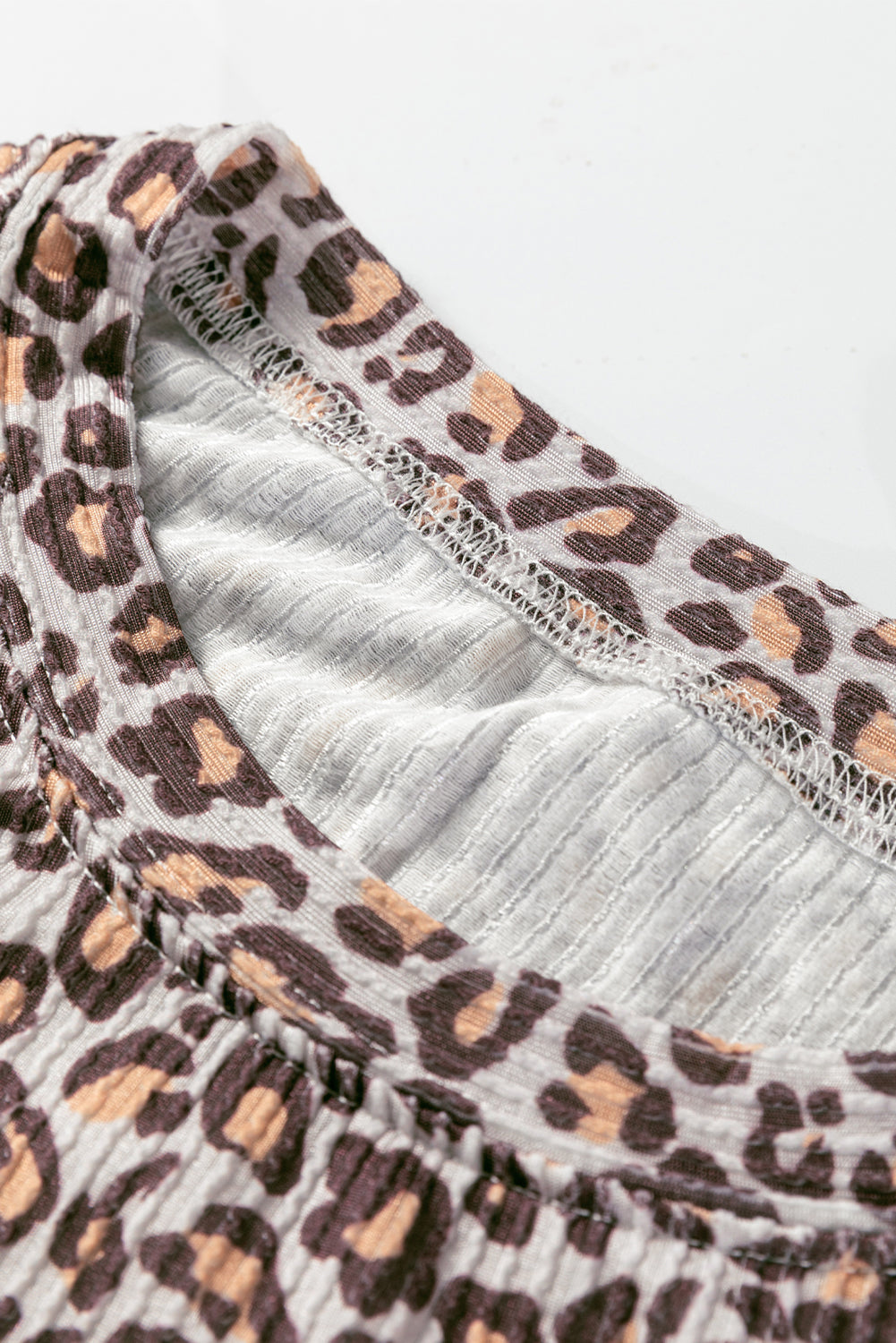 Khaki Leopard Ribbed Long Sleeve Top Drawstring Shorts 2pcs Outfit