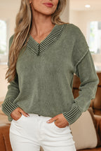 Four Leaf Clover Mineral Wash V Neck Knit Exposed Seam Drop Shoulder Loose Sweater