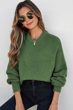 Vineyard Green Solid Color Mixed Textured Knitted Crew Neck Sweater