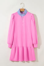 Fiery Red Contrast Striped Collar Patchwork Puff Sleeve Ruffle Hem Mini Dress