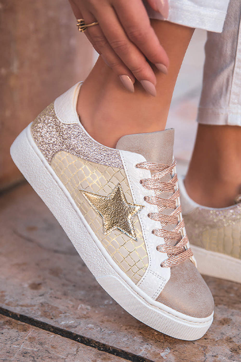Dear Lover Gold Glitter Star Patchwork PU Leather Lace-up Sneakers