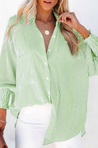 Grass Green Striped Shirred Cuff Buttoned Loose Fit Shirt