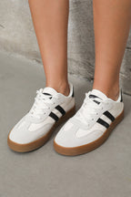 White Striped Lace Up Flat Sneakers