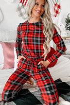 Red Festive Plaid Print Round Neck Long Sleeve and Pants 2 Piece Lounge Set