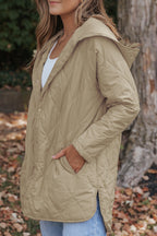 Khaki Quilted Snap Button Hooded Puffer Coat