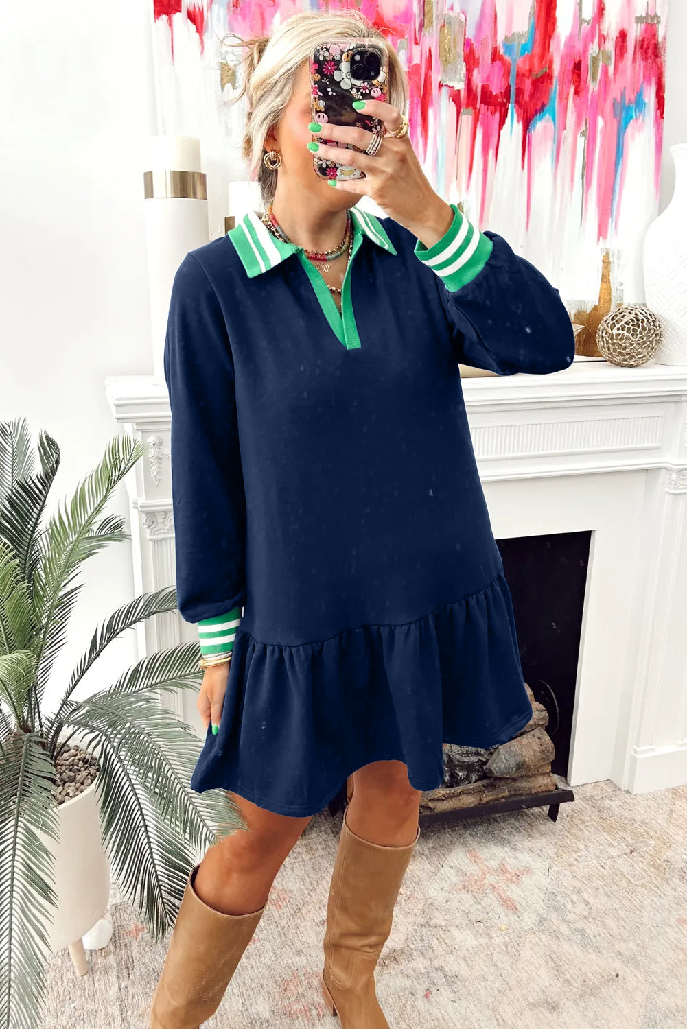 Navy Blue Contrast Striped Cuffs Polo Collar Patchwork Long Sleeve Ruffle Hem Mini Dress