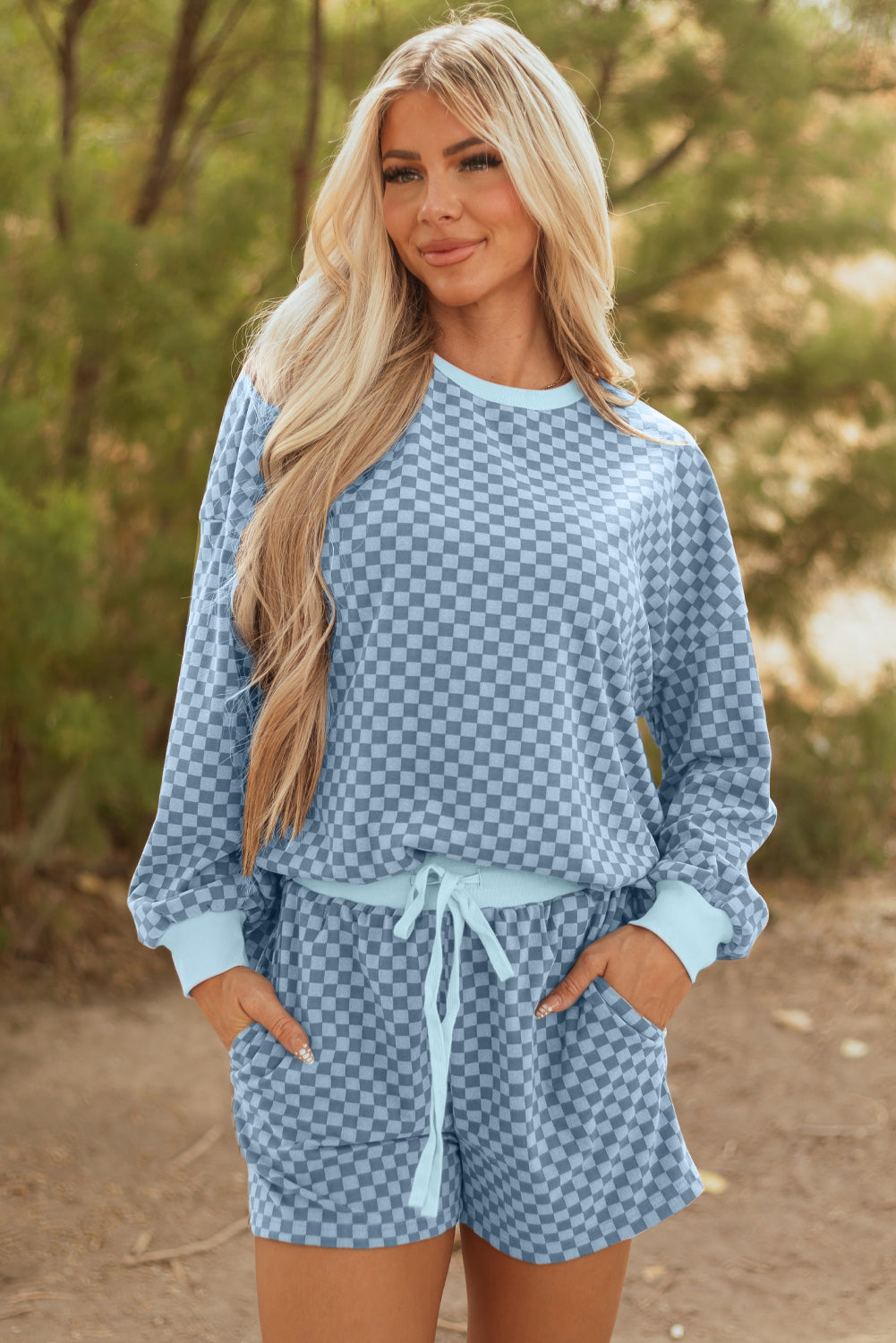 Pink Checkerboard Long Sleeve Pullover and Shorts Set