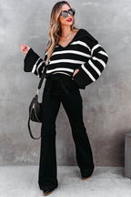 Black Caped V Neck Slit Sleeve Striped/Solid Sweater