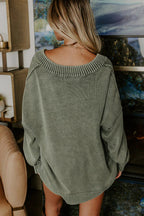 Four Leaf Clover Mineral Wash V Neck Knit Exposed Seam Drop Shoulder Loose Sweater