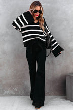 Black Caped V Neck Slit Sleeve Striped/Solid Sweater