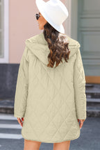 Khaki Quilted Snap Button Hooded Puffer Coat