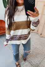 Green Mixed Texture Knit Striped Color Block Loose Sweater