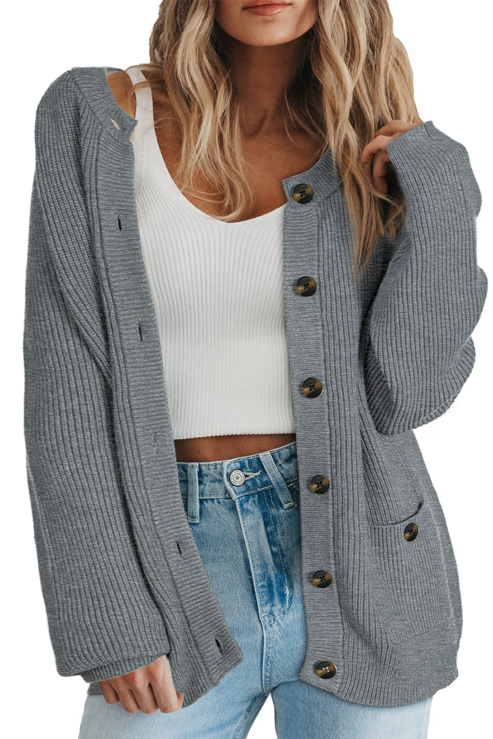 Medium Grey Chunky Buttoned Front Round Neck Cardigan Sweater