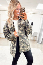 Green Camo Chest Pockets Loose Jean Jacket