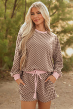 Pink Checkerboard Long Sleeve Pullover and Shorts Set