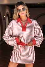 Red Stripe Collared V Neck Drop Shoulder Pullover and Skort 2pcs Outfit