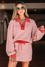 Red Stripe Collared V Neck Drop Shoulder Pullover and Skort 2pcs Outfit