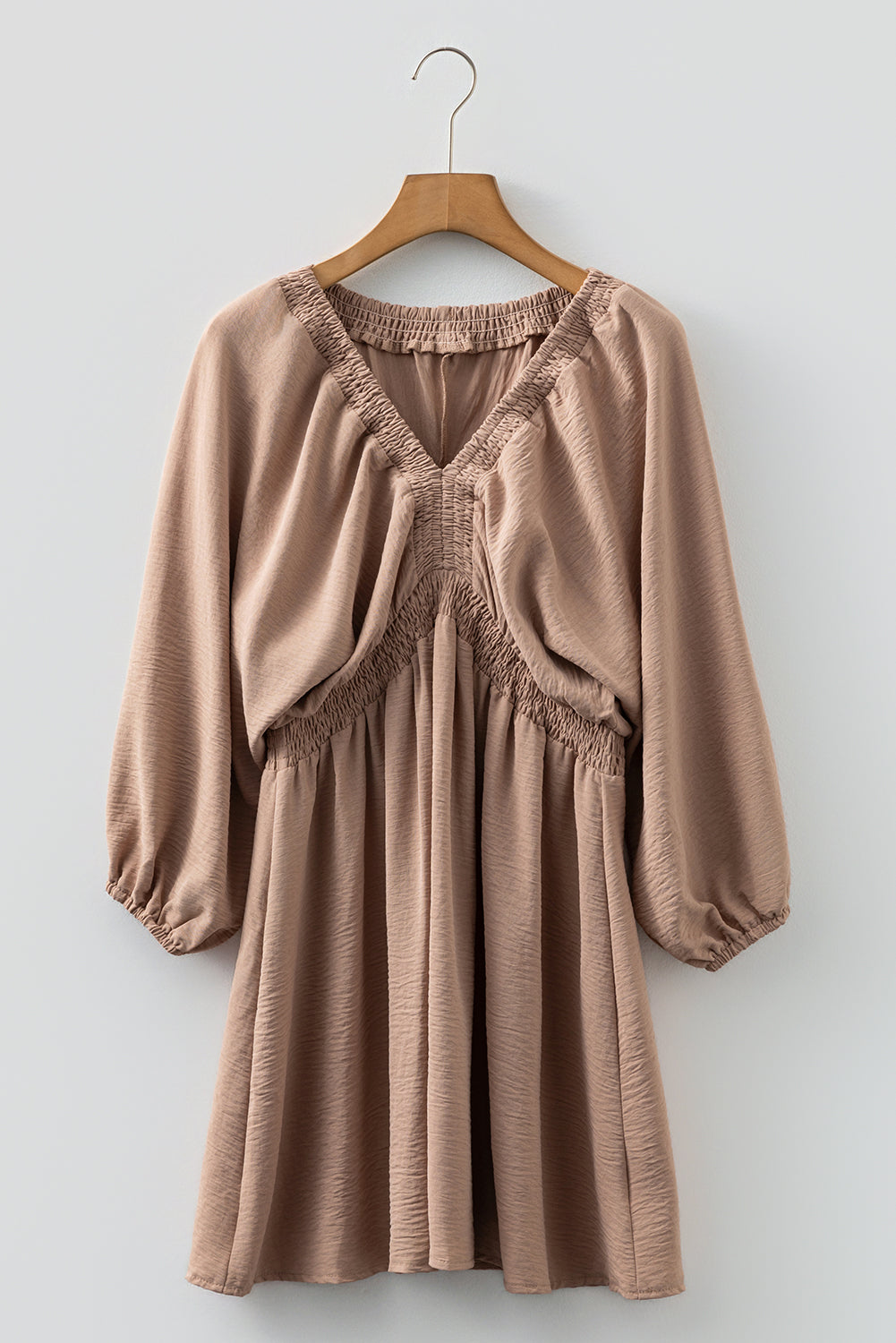 Smoke Gray Deep V Neck Bubble Sleeve Smocked Mini Dress