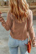 Smoke Gray Textured Round Neck Long Sleeve Top