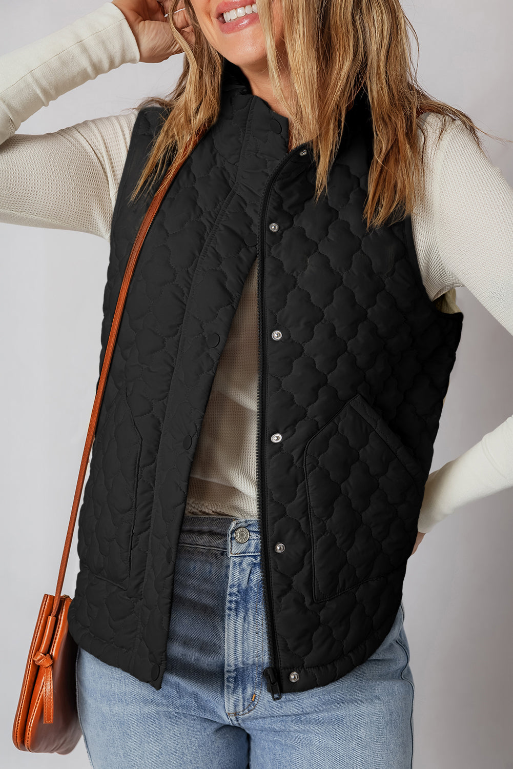 Wild Ginger Flower Shape Quilted Snap Button Zip Up Winter Vest