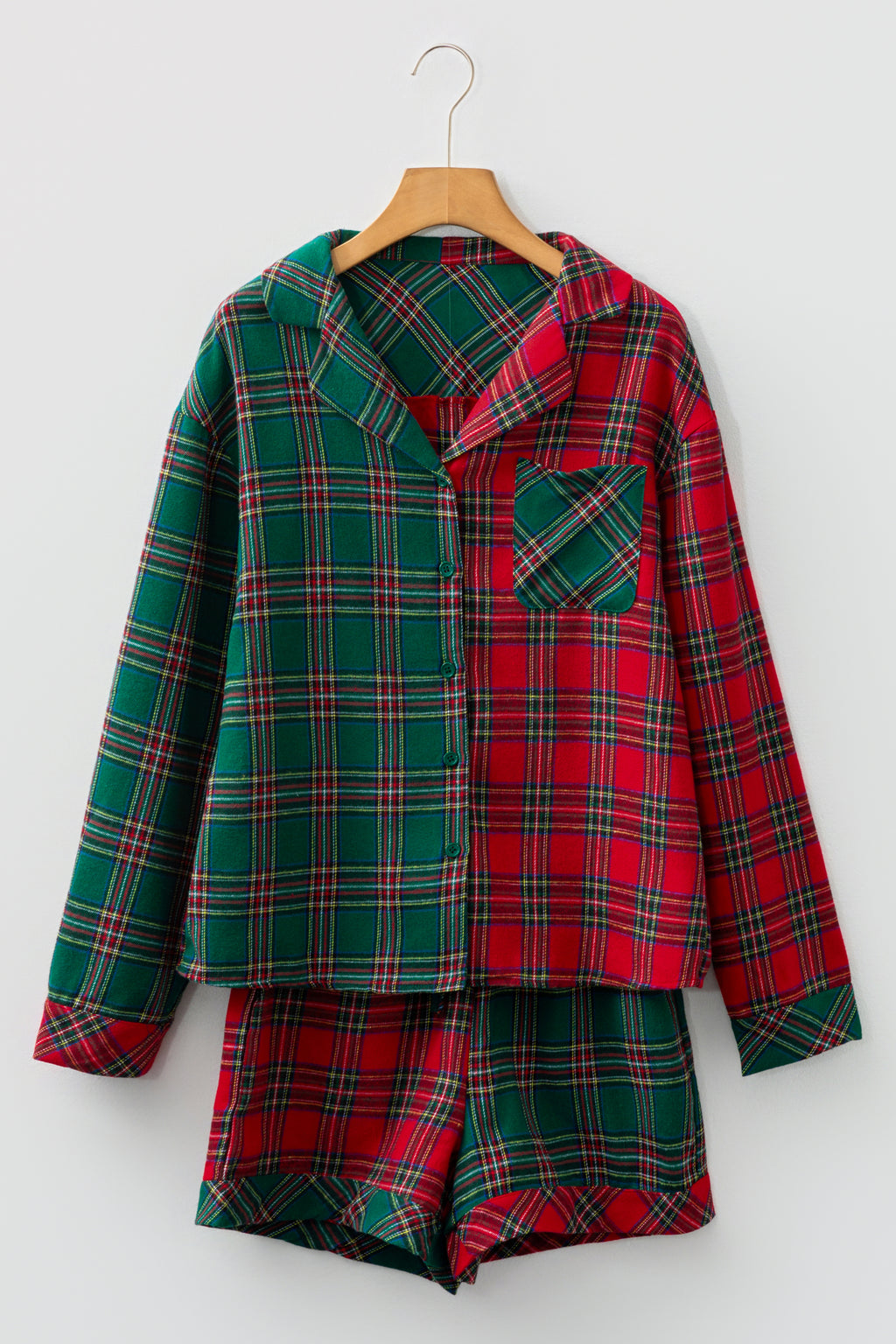 Green Plaid Contrast Patched Christmas Holiday Long Sleeve Shirt and Short 2pcs Pajama Set