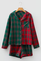 Green Plaid Contrast Patched Christmas Holiday Long Sleeve Shirt and Short 2pcs Pajama Set