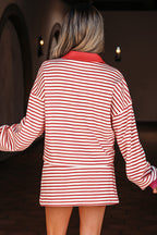 Red Stripe Collared V Neck Drop Shoulder Pullover and Skort 2pcs Outfit