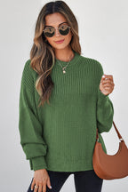 Vineyard Green Solid Color Mixed Textured Knitted Crew Neck Sweater