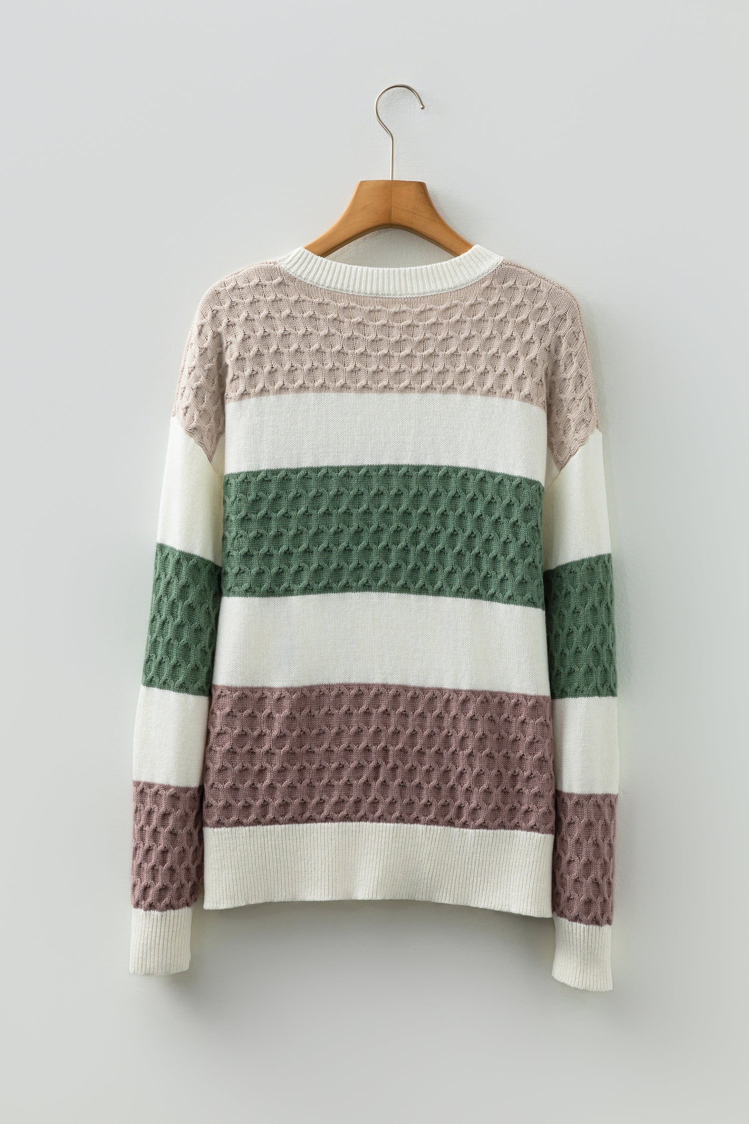 Green Mixed Texture Knit Striped Color Block Loose Sweater